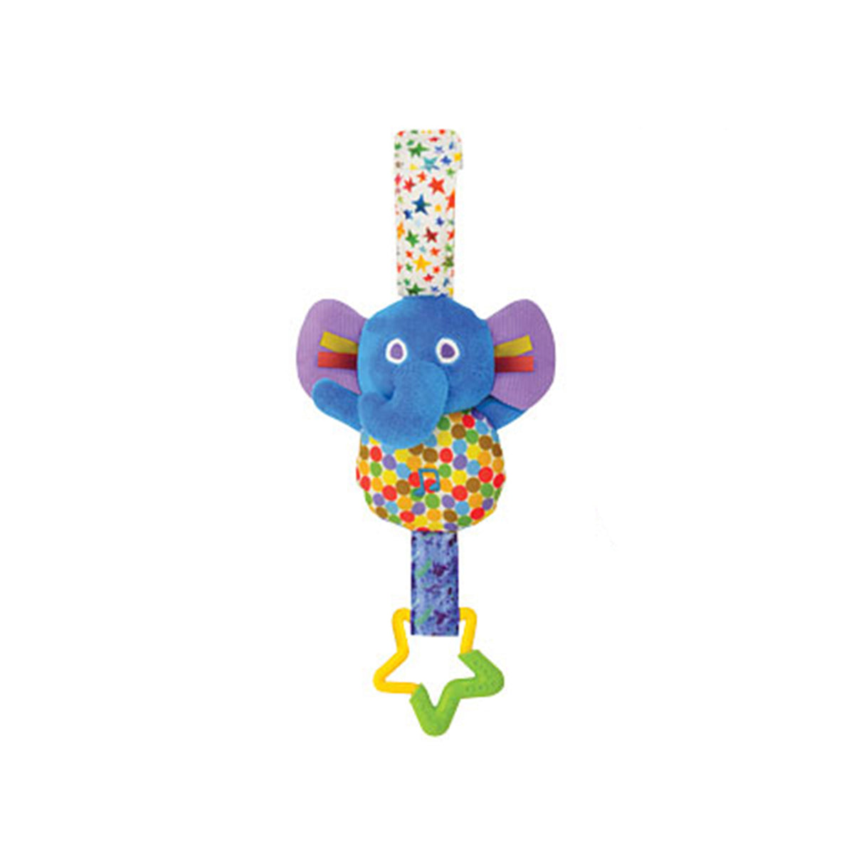 Brightly coloured attachable elephant pram cot musical toy with attached teether ring from hungry caterpillar