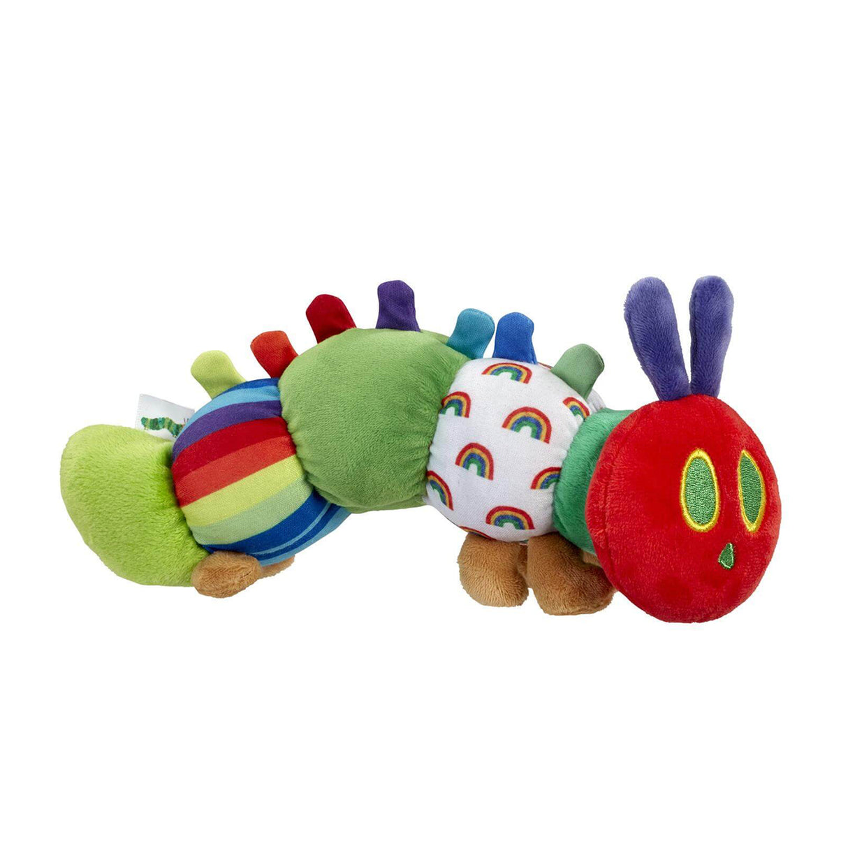 Colorful plush toy caterpillar on a white background