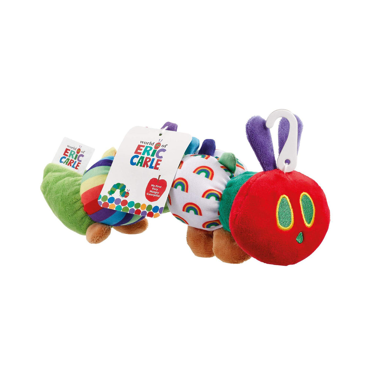 Plush toy resembling a caterpillar with a tag indicating 'World of Eric Carle' on a white background