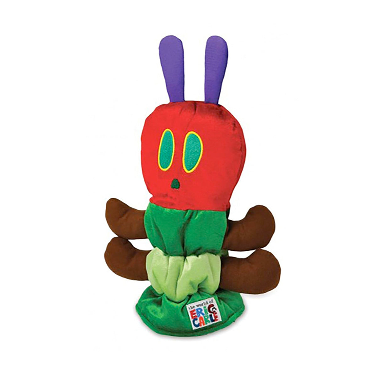 Plush puppet toy of a caterpillar from 'The Very Hungry Caterpillar' on a white background