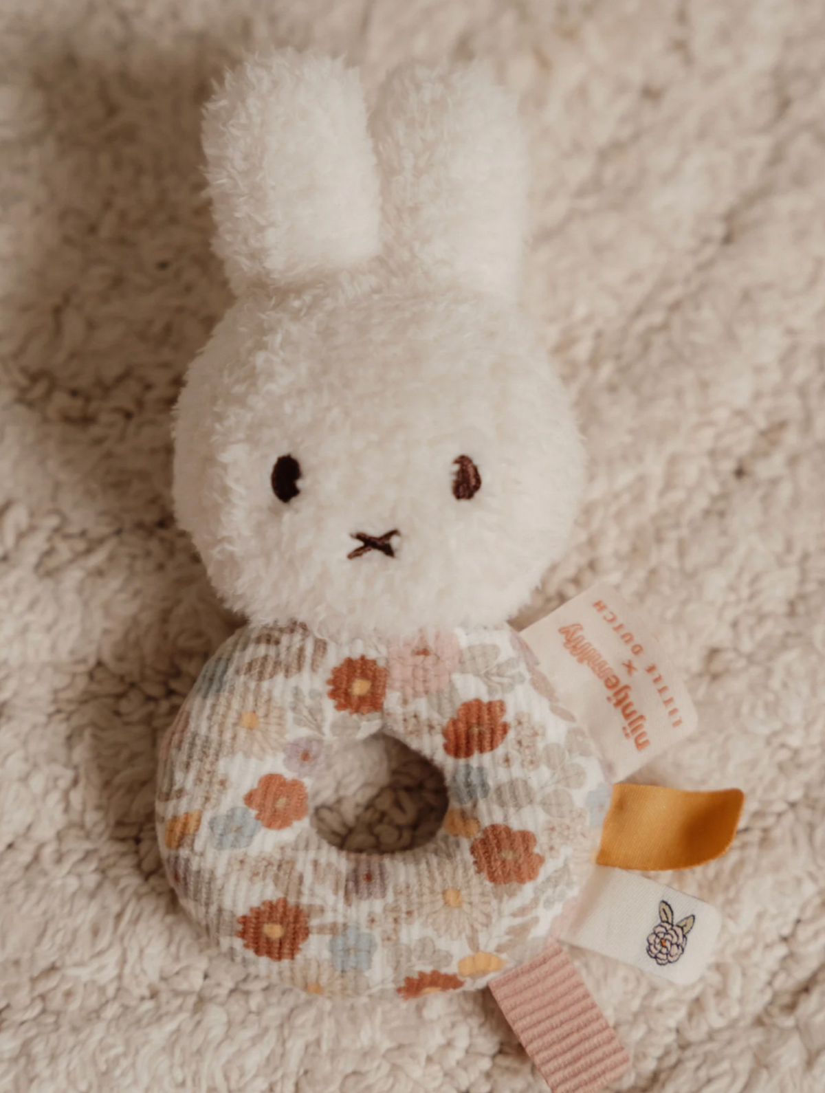 Little Dutch Miffy Vintage Flowers ring rattle on cream textured background showing floral ring detail