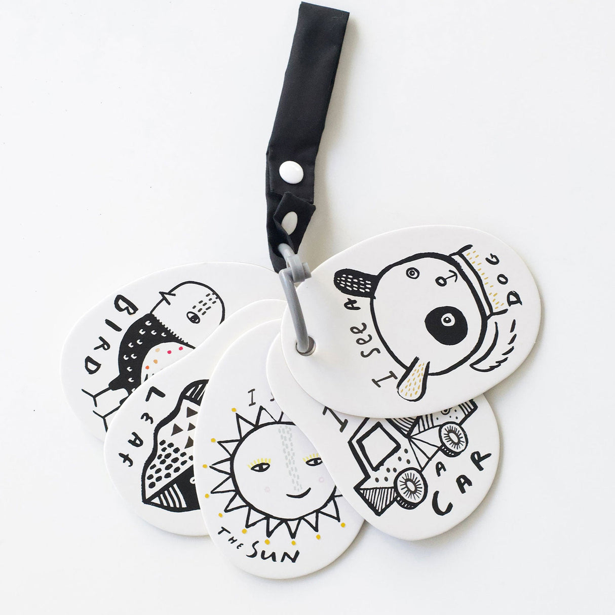 Baby and toddler black and white art cards with black attachment strap