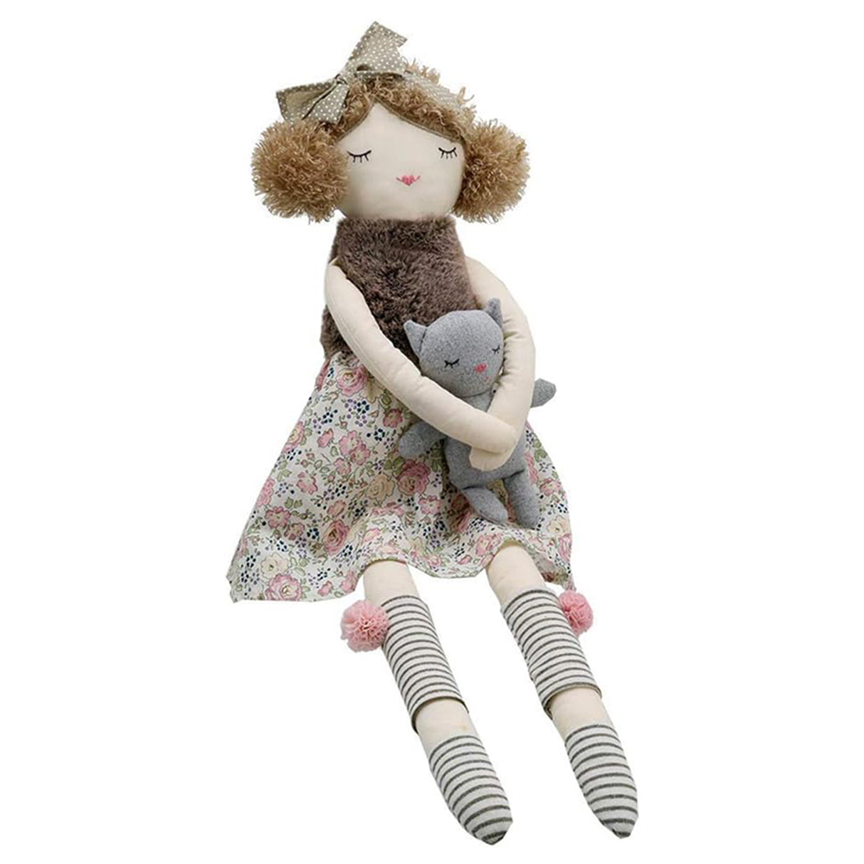 Stuffed doll with floral dress holding a small gray cat plush toy on a white background