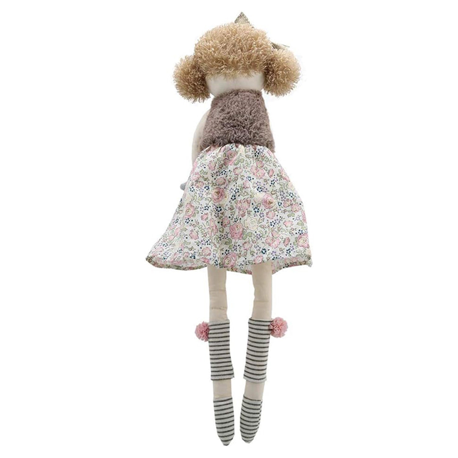 Rag dolll toy with a floral dress and striped socks on a white background