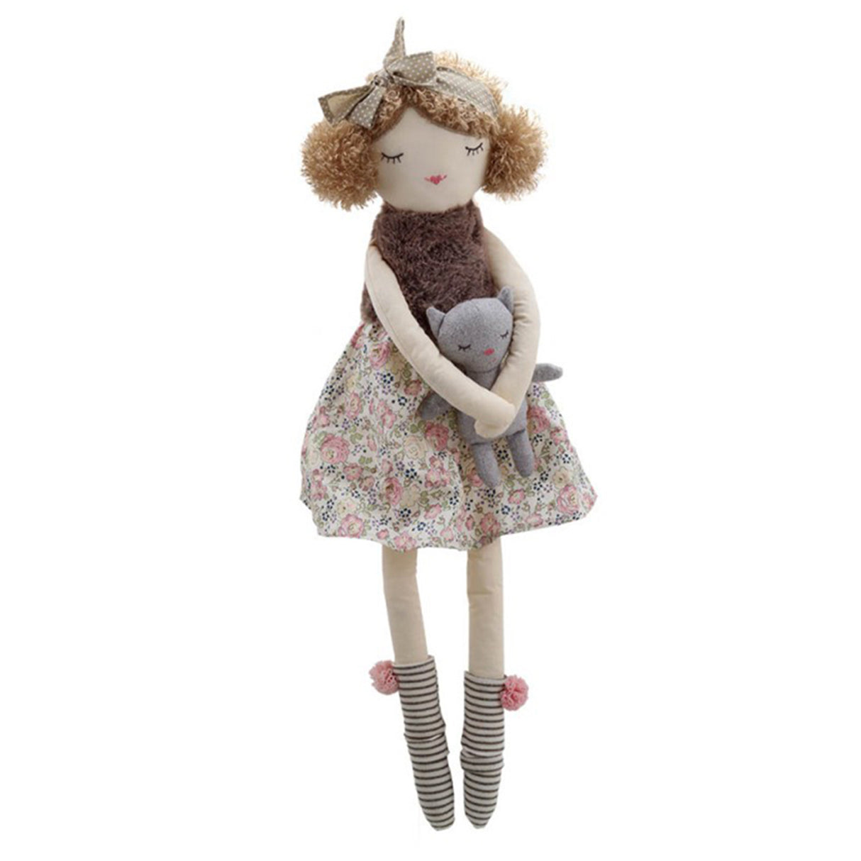 Stuffed soft doll with floral dress holding a cat plush toy on a white background