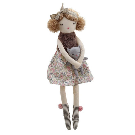 Stuffed soft doll with floral dress holding a cat plush toy on a white background