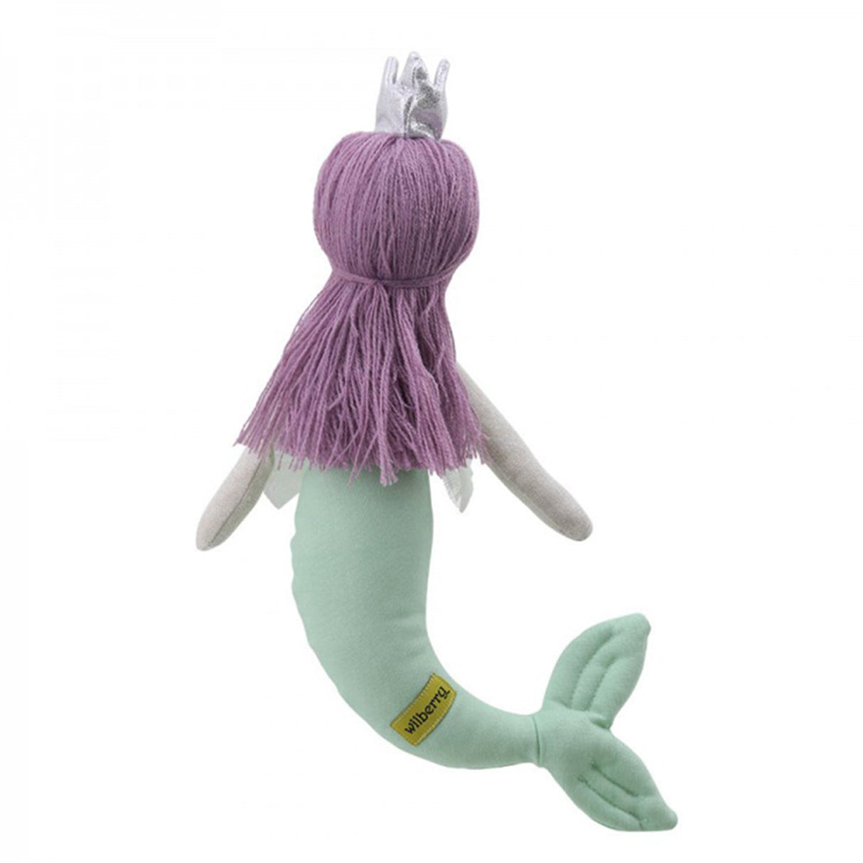 Stuffed mermaid toy with purple hair and a silver crown and green tail on a white background