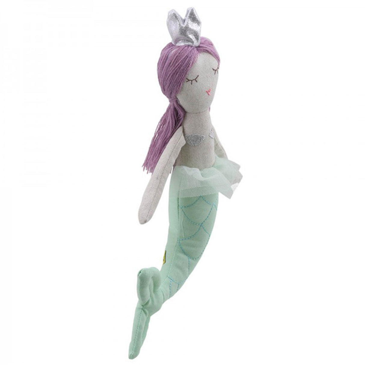 Stuffed mermaid toy with purple hair and a silver crown and green tail on a white background