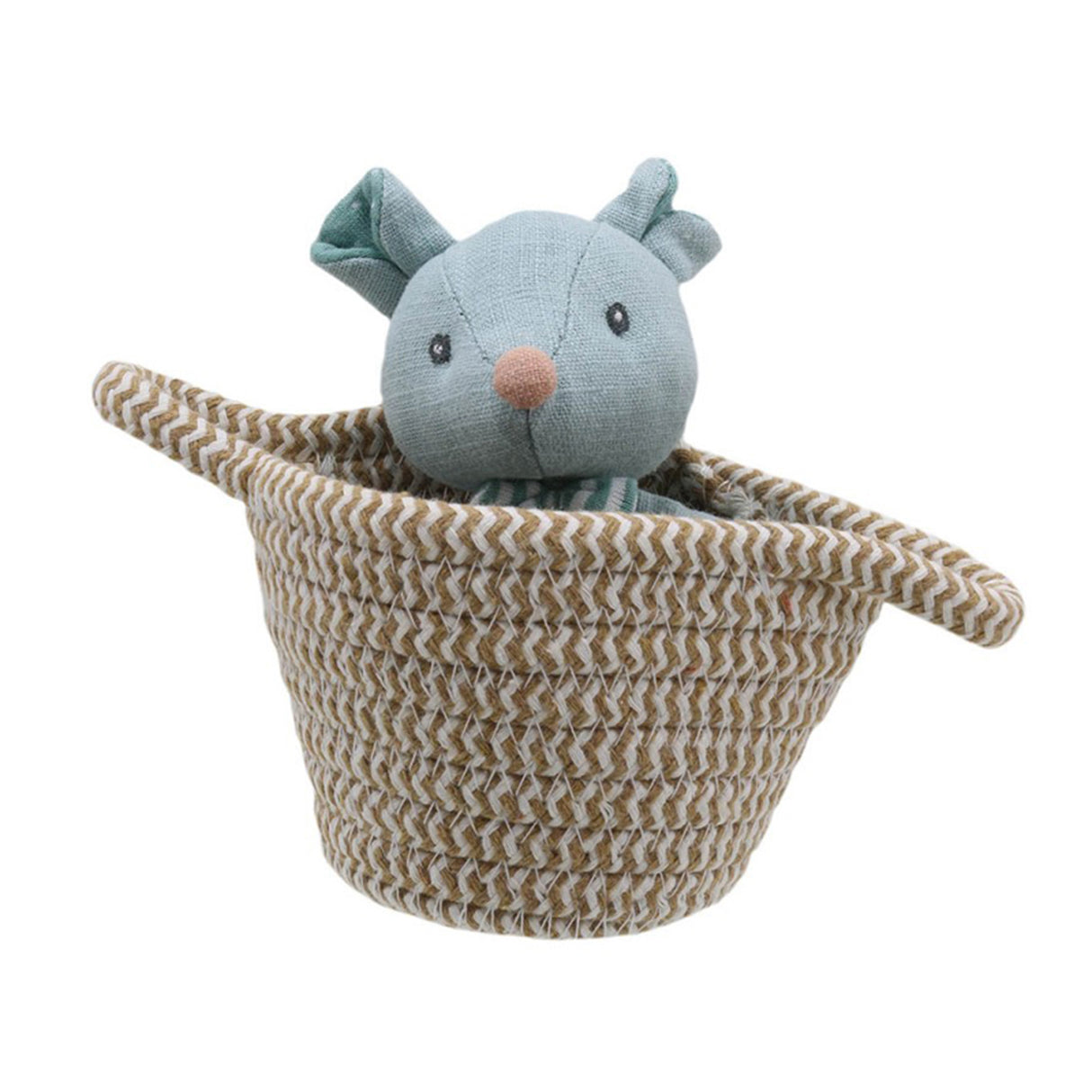 A soft toy mouse in a woven basket, primarily in shades of beige and cream with a soft fabric finish.