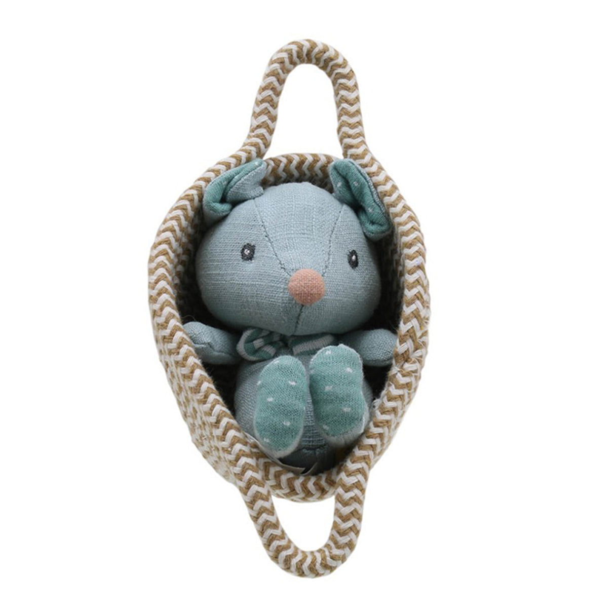 Blue plush mouse toy in a woven basket on a white background