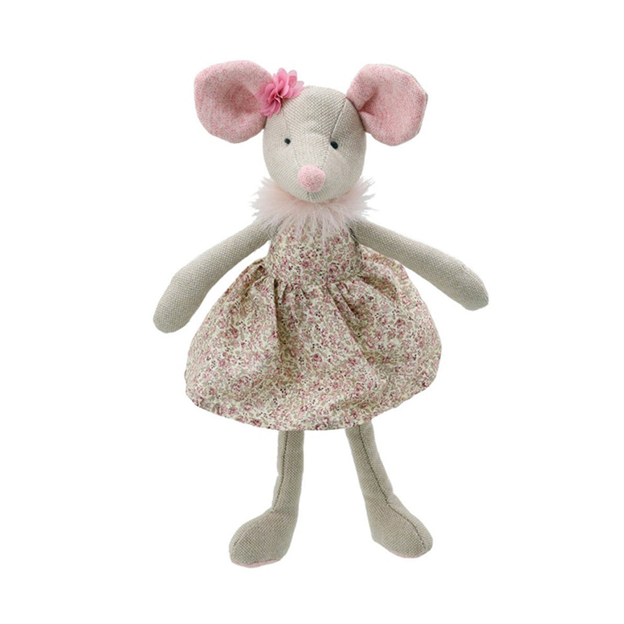 Stuffed toy mouse with a floral dress, pink flower and fluffy necklace on a white background