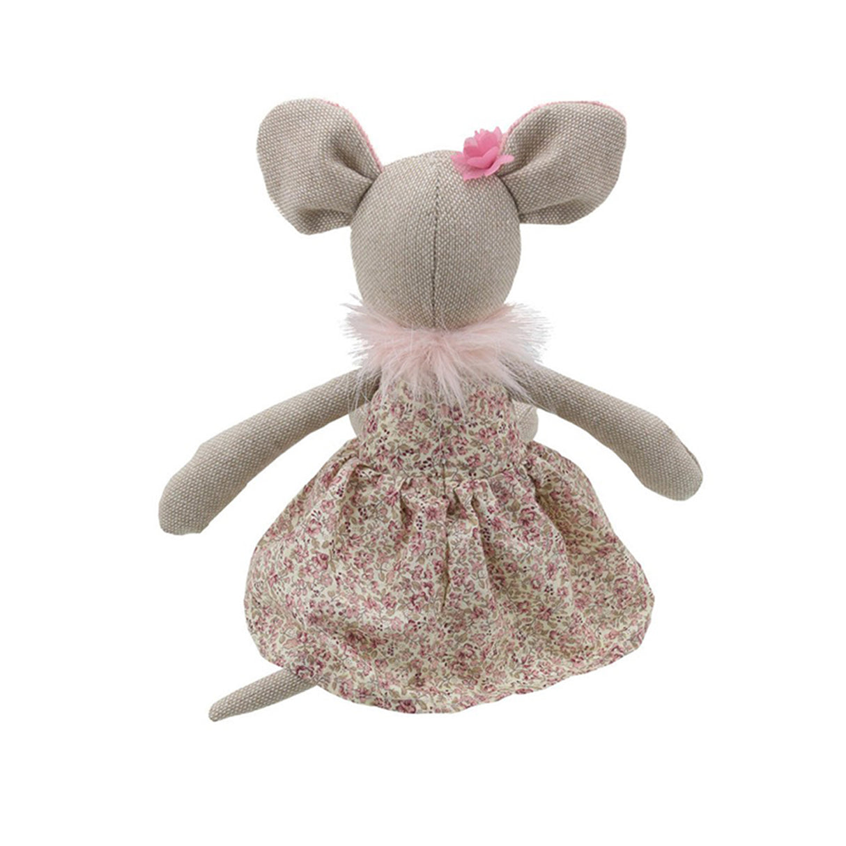 Stuffed toy mouse with a floral dress, pink flower hair clip and fluffy necklace on a white background