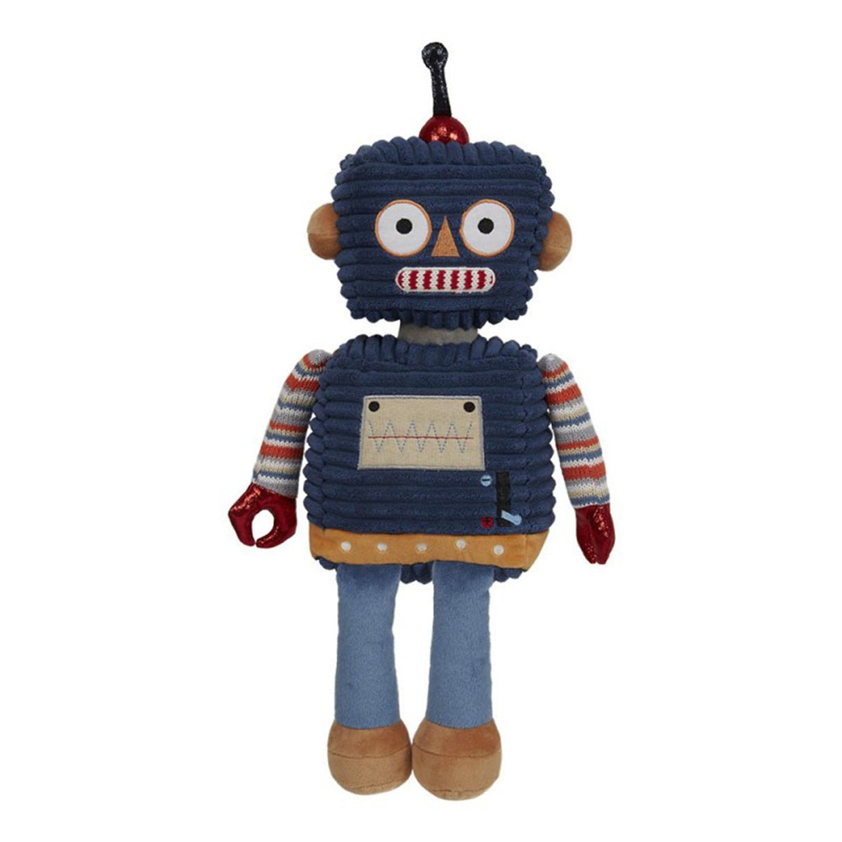 A dark blue robot toy with a striped shirt and brown feet, made of soft textiles.