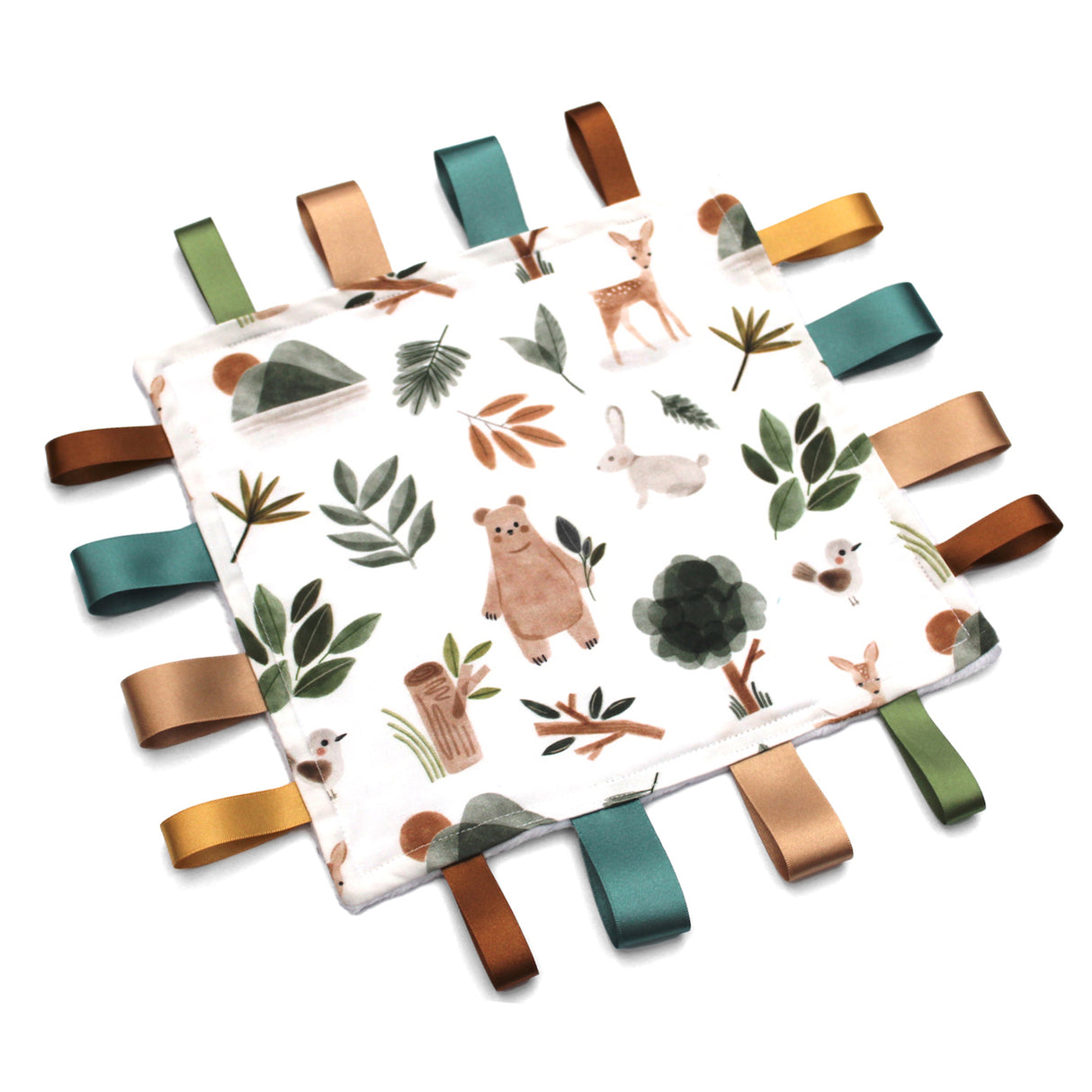 Fabric baby taggy blanket with woodland animal, trees and leaves on a white background