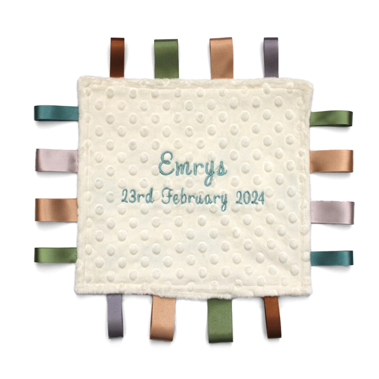 Baby comfort blanket with embroidered name and date on a white background