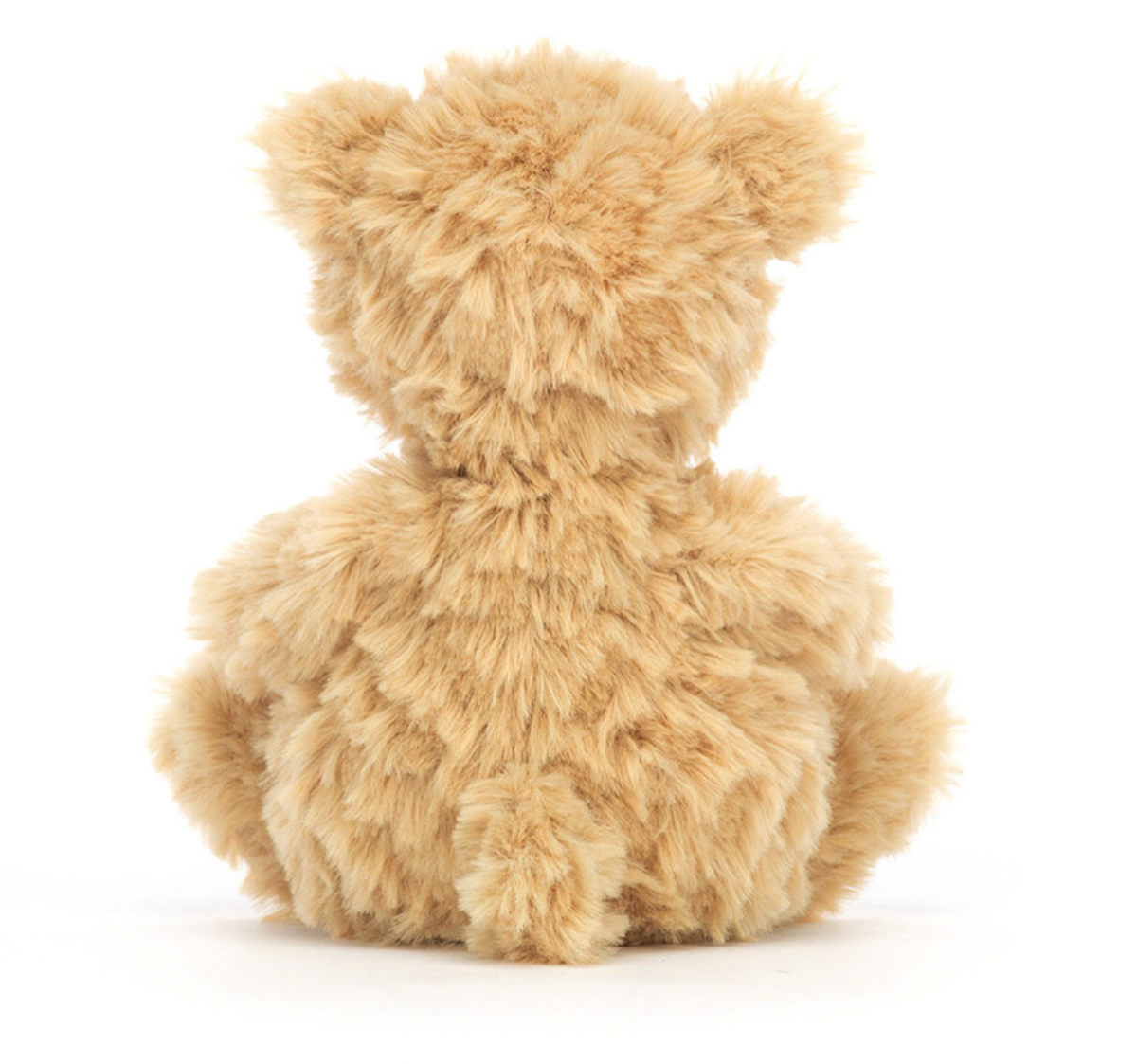 A small, plush, brown teddy bear with a tuft of honey-colored fur,