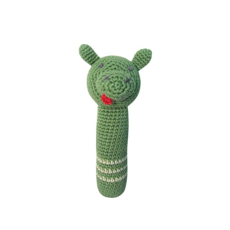 A handcrafted crochet dragon stick rattle made with soft cotton, primarily in green colour.
