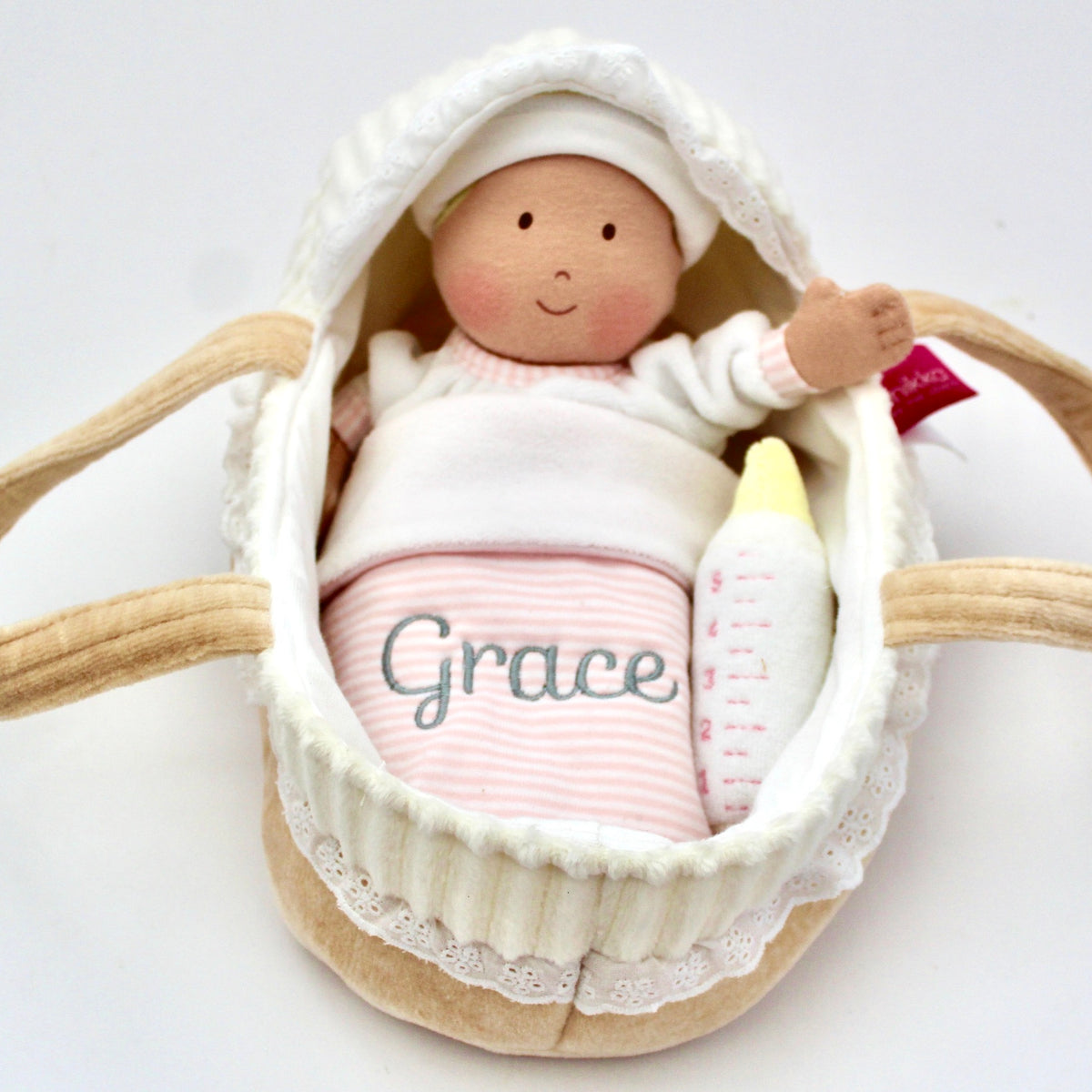 Baby Doll Set with Carry Cot, Bottle, Blanket Personalised