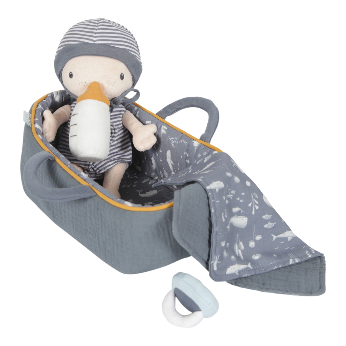 A soft plush baby doll named Jim sitting in a carry basket with a blanket and bottle, all in gray tones with yellow accents.