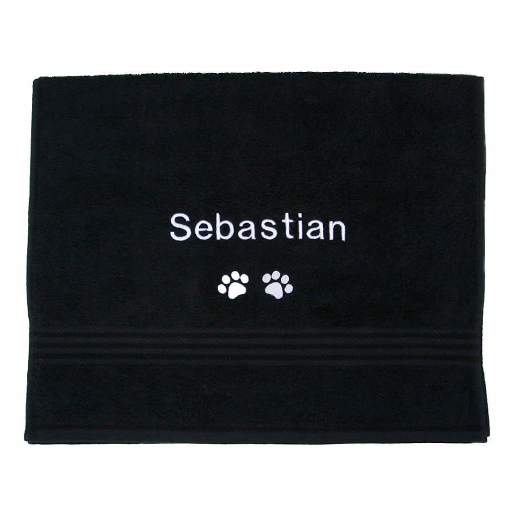 A Large Black Pet Cat Bath Towel Personalised with name and paw prints