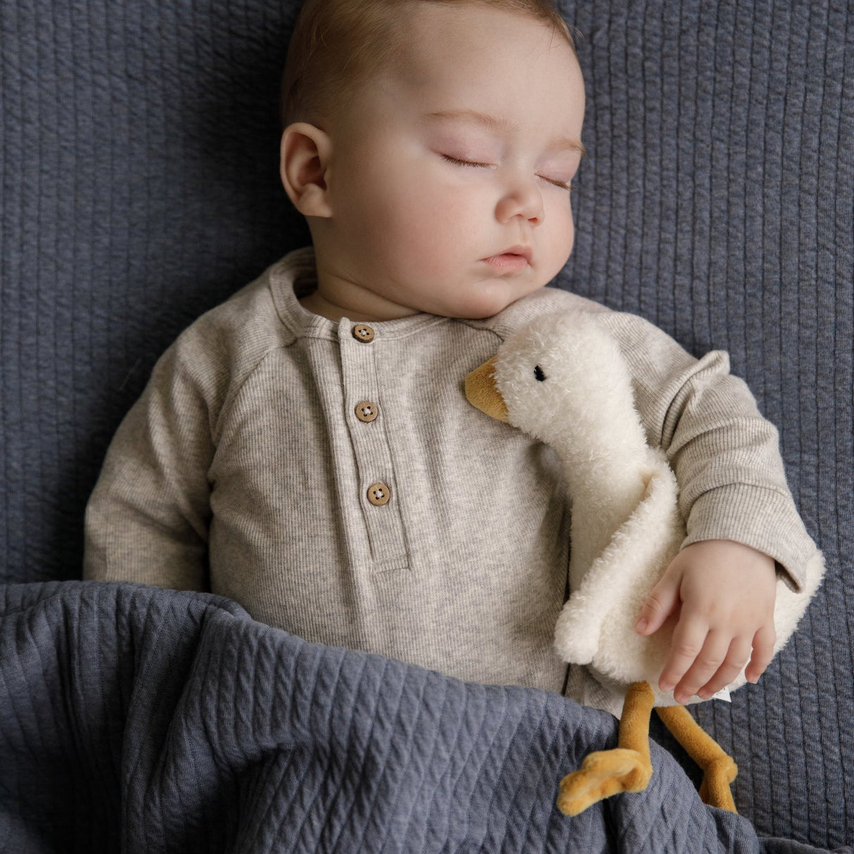 Baby cuddling a goose soft toy with a cream body and wings and a orange beak and feet.