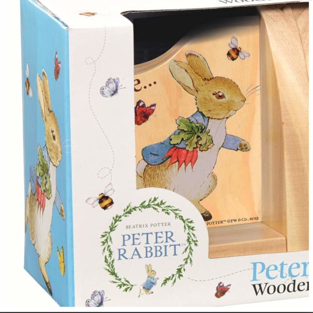 Another closeup of Beautiful Peter Rabbit Wooden Bookends in colourful box packaging