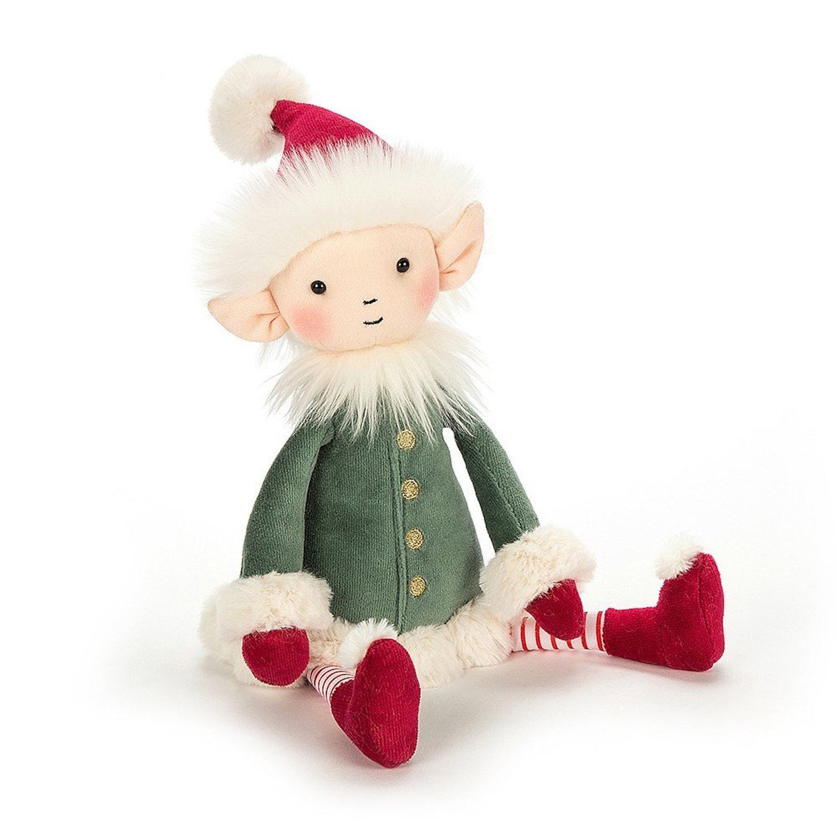 A plush toy depicting a Leffy Elf with a green coat, white and red mittens, and a Santa hat.