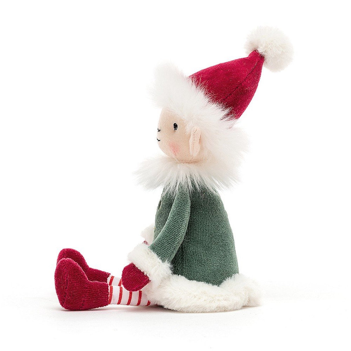 A plush toy depicting a Leffy Elf with a green coat, white and red mittens, and a Santa hat.