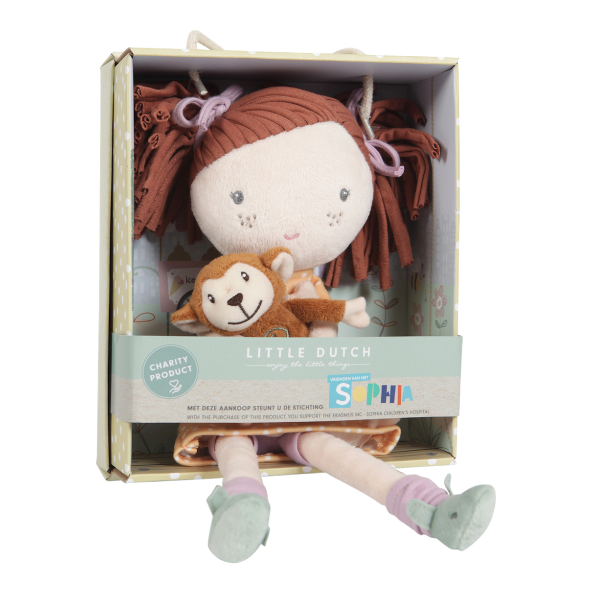 Little Dutch Cuddly Doll Sophia in presentation gift box with monkey companion