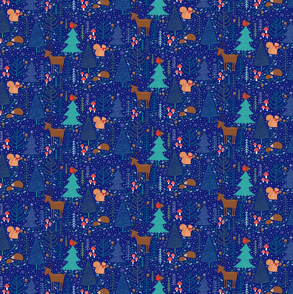 Beautiful Midnight Woodland Wrapping Paper with deer, squirrels and mushrooms on blue paper trees and