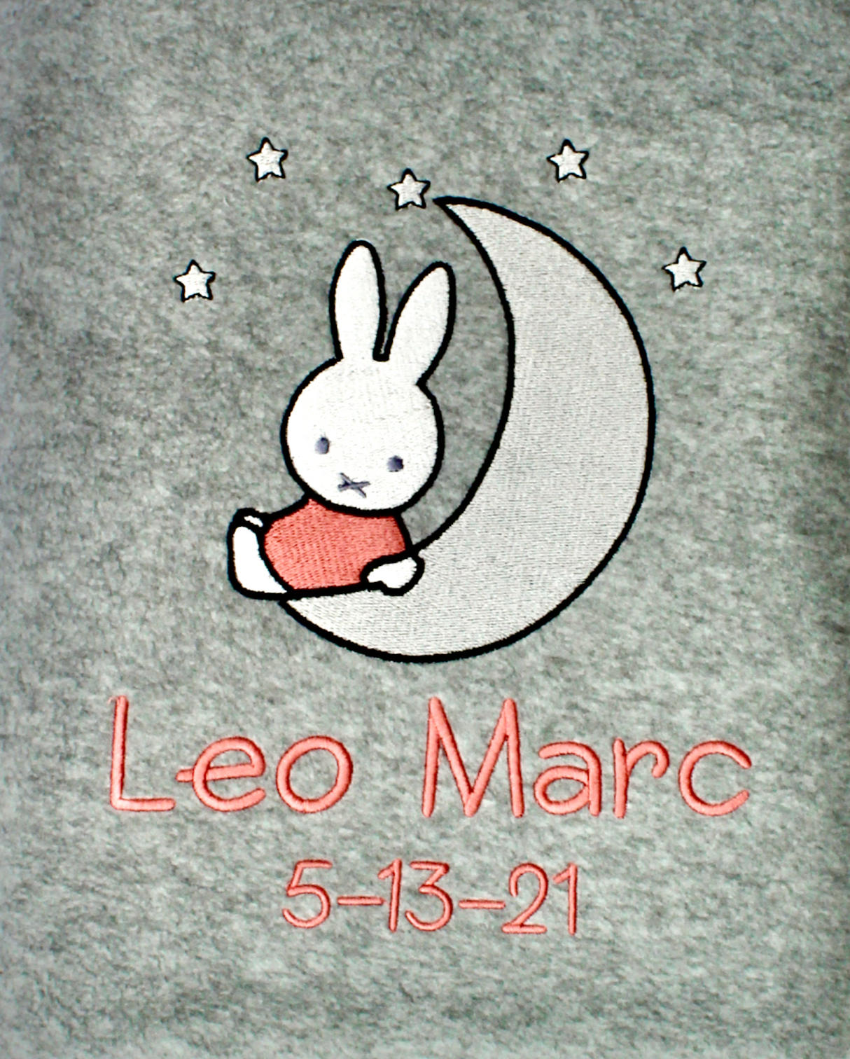 Personalised baby blanket with Miffy the rabbit design and a space for a baby's name and date of birth.