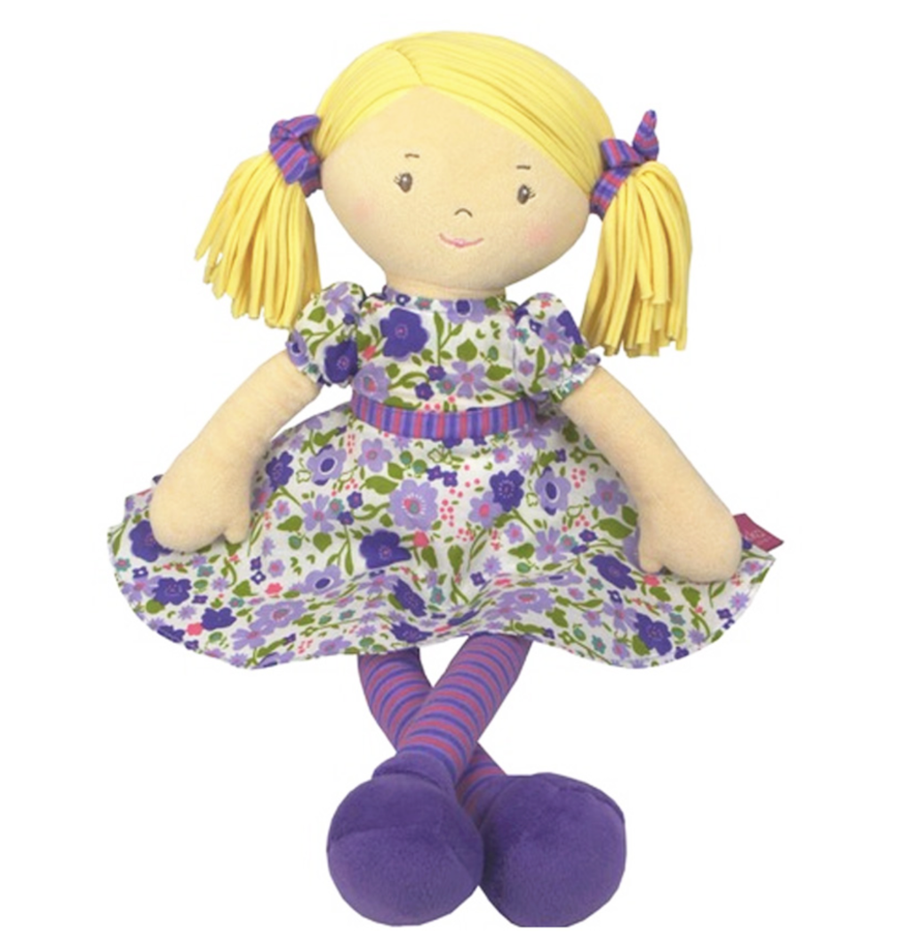 A Peggy Rag Doll from Bonikka in a purple flowery dress, blonde hair and with personalisation