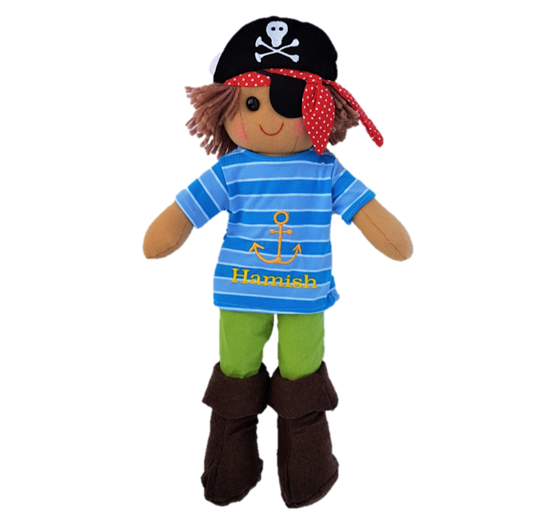 Powell Craft Rag Doll Pirate at 40cm tall with skull and crossbone hat, eye patch,  blue and white stripped shirt and green pants