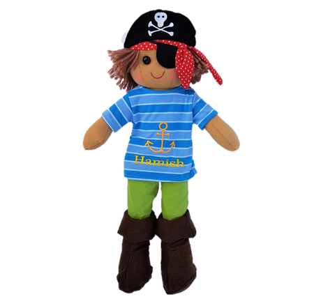 Powell Craft Rag Doll Pirate at 40cm tall with skull and crossbone hat, eye patch,  blue and white stripped shirt and green pants