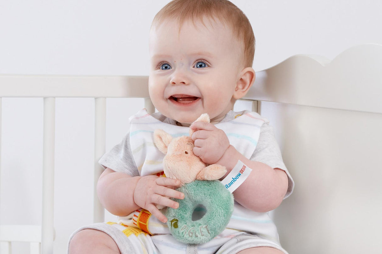 Baby holding a Hundred Acre Wood Piglet Ring Rattle