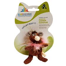 Categories Rat-A-Tu-Tu Organic Catnip Cuddler with pink neck fur and grey ears in front of label