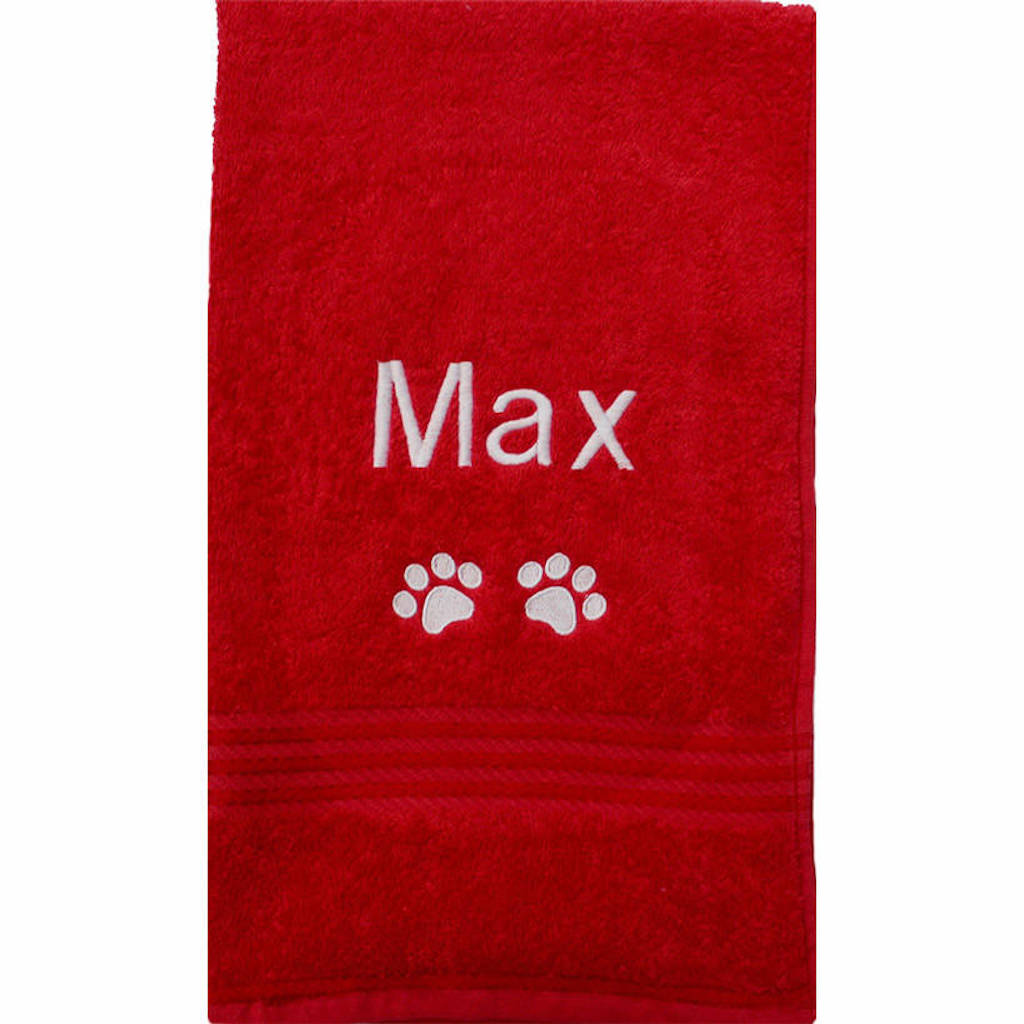 A red medium size Pet Cat Hand Towel Personalised with Max and paw prints