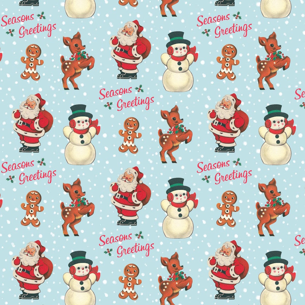 Beautiful Vintage Christmas Santa Wrapping Paper with Santa, Snowman and reindeer on blue paper. Ideal for Christmas, Birthdays and Christenings