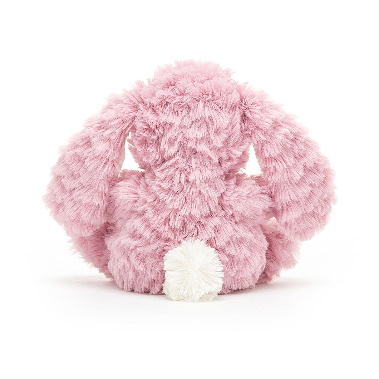 A plush toy resembling a pink bunny with a soft tummy, long ears, and a bobtail.
