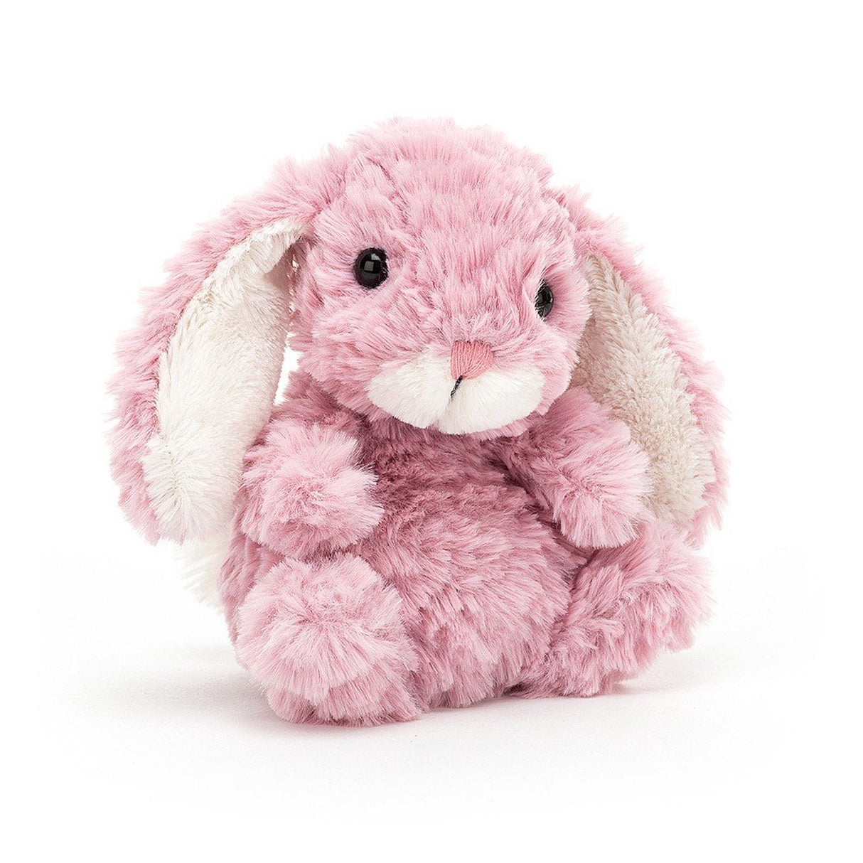 A plush toy resembling a pink bunny with a soft tummy, long ears, and a bobtail.