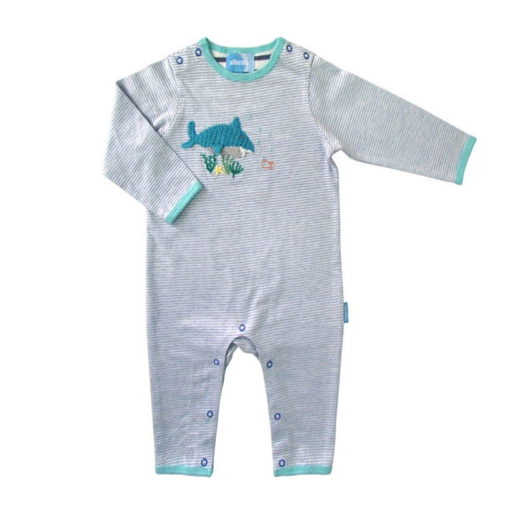 A gorgeous Albetta babygrow featuring a hand crocheted shark on a stylish blue stripe.