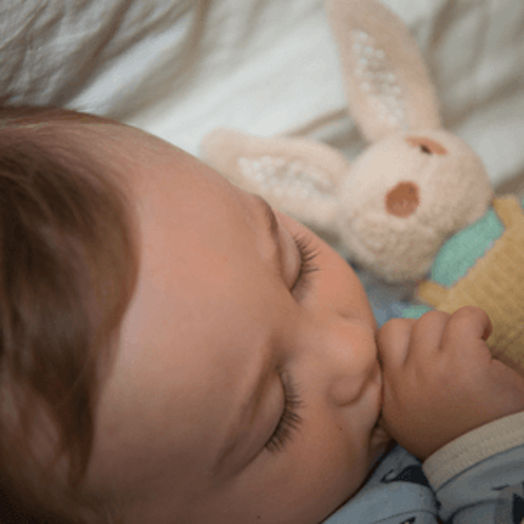 ragtales baby alfie rattle velvety brown nose with aqua knitted jumper and beige corduroy dungarees sleeping with a baby