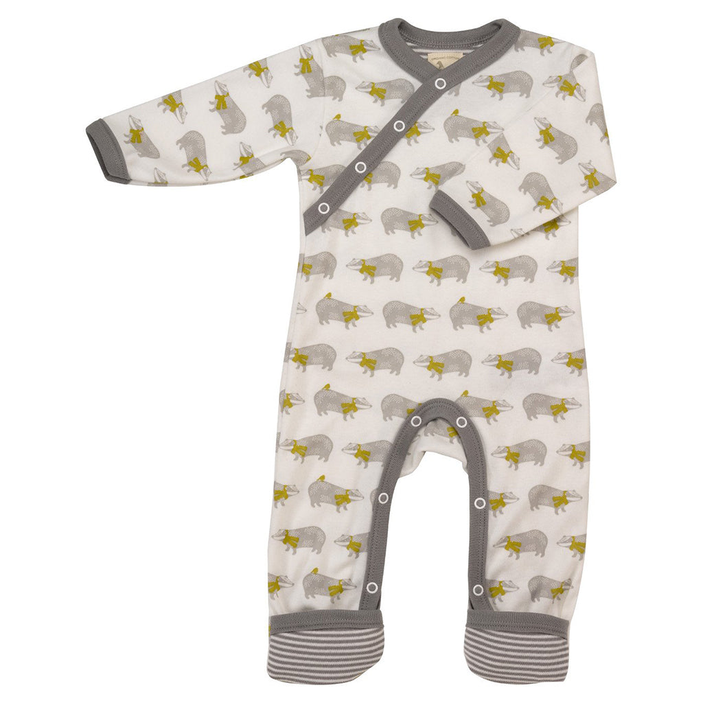 A top quality organic Badger Romper from Pigeon Organics - grey, white and mustard colours