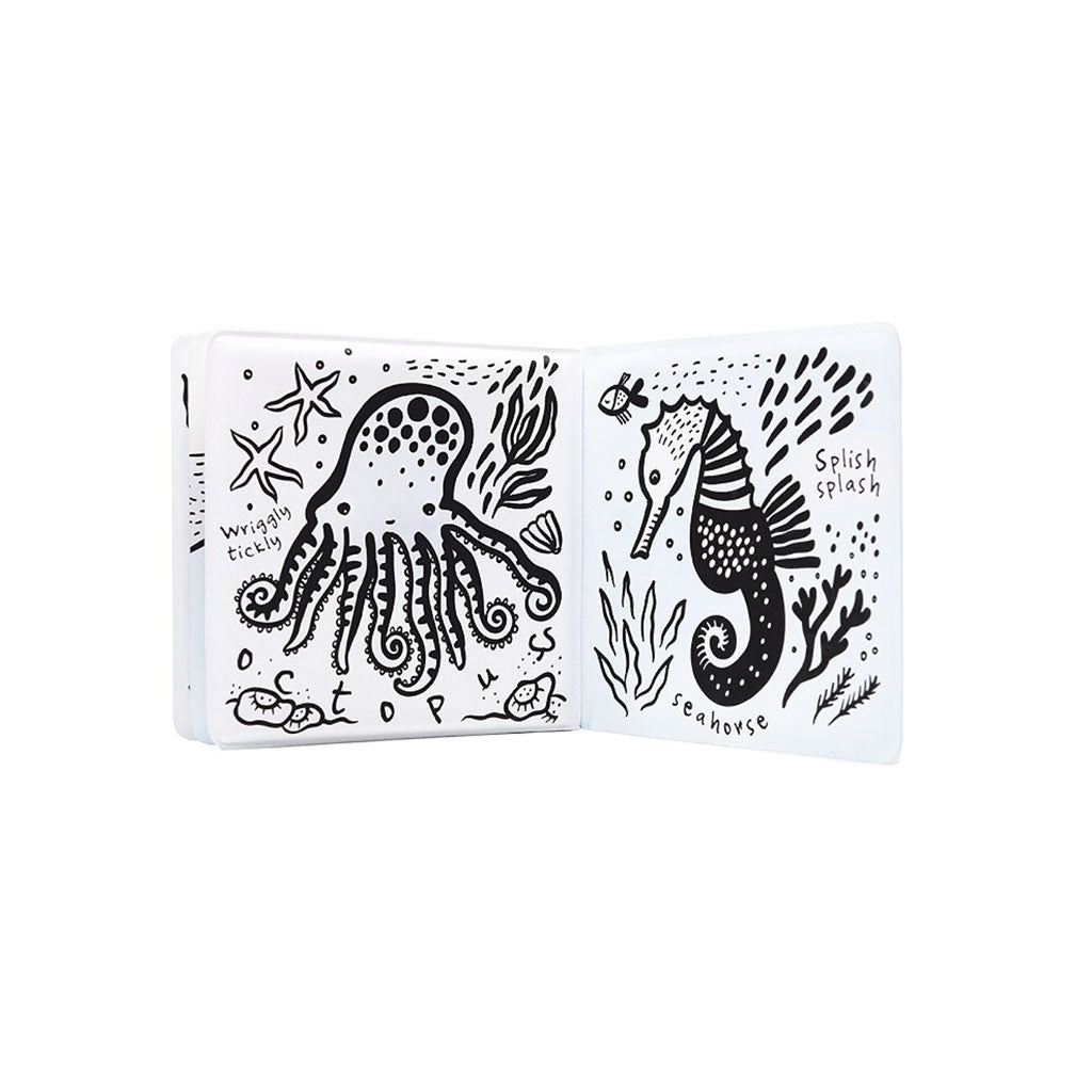 Open pages of Wee Gallery beautifully illustrated bath book magically change colour when you dip it in water. Introduces children to a range of sea creatures that include a fish, an octopus and a starfish