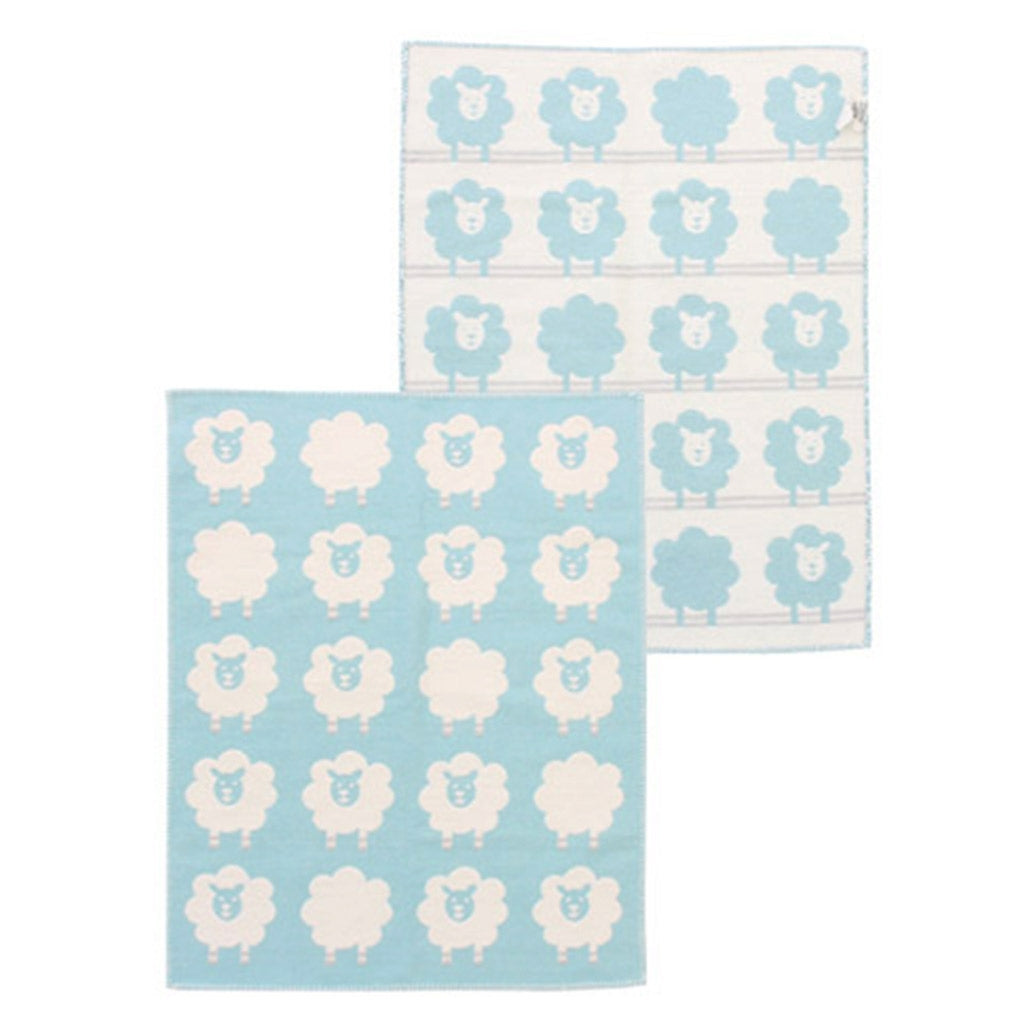 David Fussenegger handmade austrian baby blue nursery blanket cream sheep with blanket stitched edges