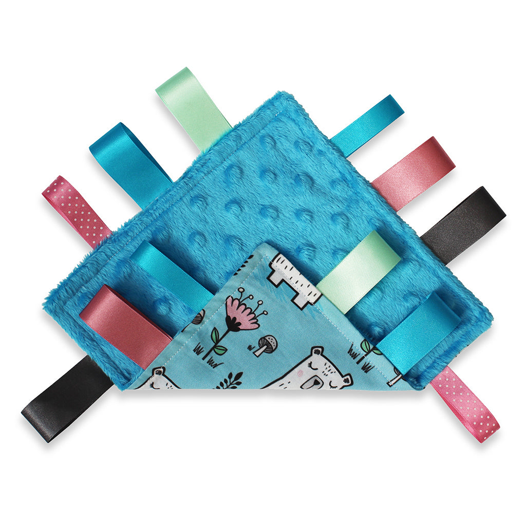 Hedgehog Gifts Turquoise sleepy bear baby taggy comforter blanket with pink green grey satin ribbons