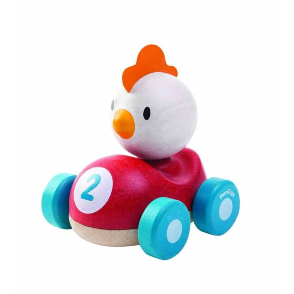 Plan Toys eco friendly Chicken Racer in a red car and blue wheels
