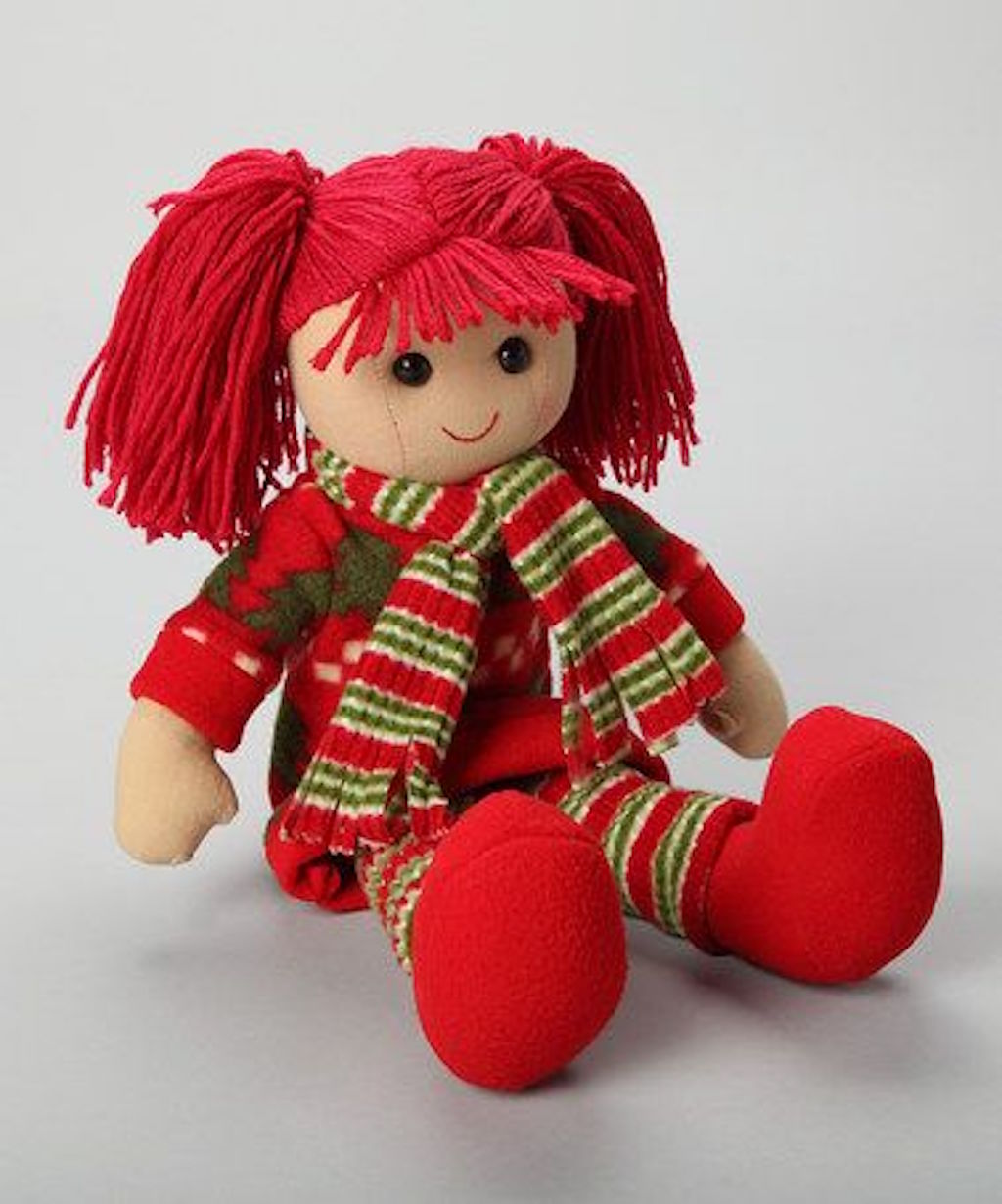 Powell Craft Rag Doll Christmas Girl with stripped scarf, red shoes, red hair and sitting down
