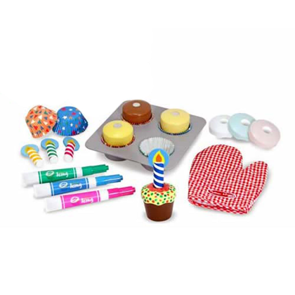 melissa and doug cupcake set with birthday candles, oven mitt, cake cases, tray and washable pens