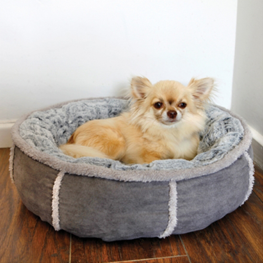 Soft cosy faux suede wrap around pet bed with luxury grey plush inner